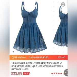 New Hollow Out Flower Embroidery Mini Dress CRing Straps Lace-up A Line Dress